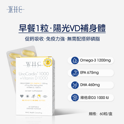 UnoCardio®1000+Vitamin D 小千金 95%高純度深海魚油+維他命D 60粒 - WHC HK 